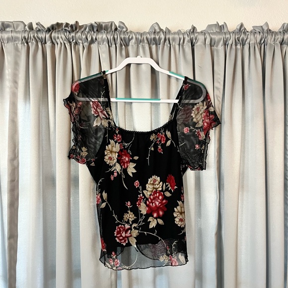 Floral Black lace up mesh Women's Top - Picture 3 of 3